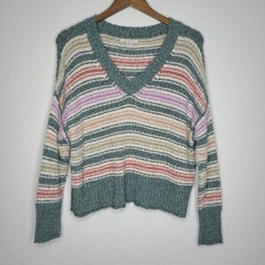 American Eagle Striped V-Neck Cropped Sweater Small